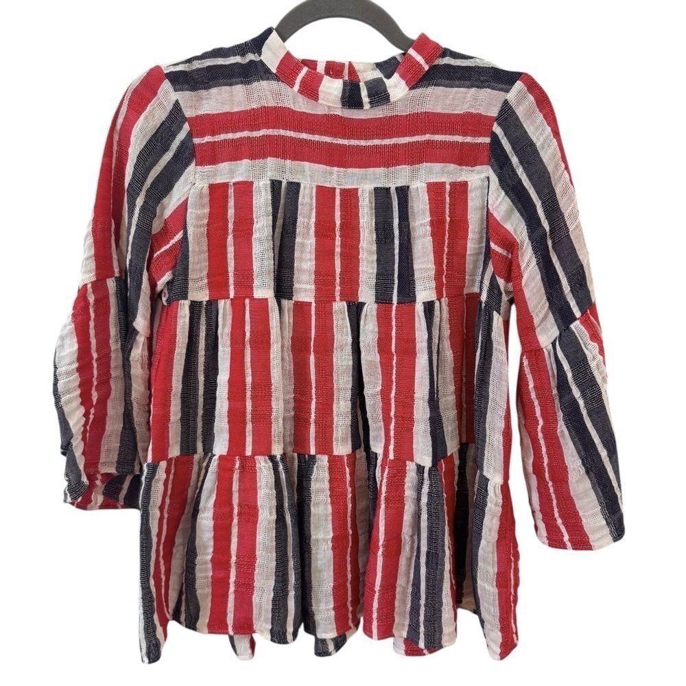Warm Red, White & Blue Cotton Linen Tiered Blouse Size S/M